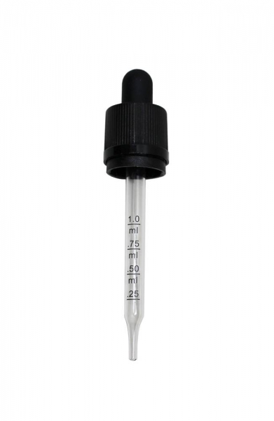 Pipettenmontur mit Spitze, Mündung DIN18, schwarz matt, mit Originalitätsverschluss, Skala bis 1ml, für 50ml Liquidflaschen